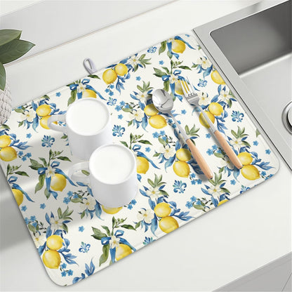 Lemon Dish Drying Mat-18x24 Inch Blue Chinoiserie Dishes Drying Pad Floral Dish Draining Mat for Kitchen Dining Counter