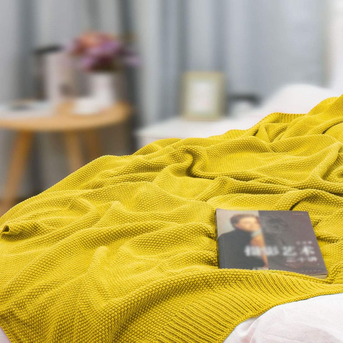 100% Cotton Knit Throw Blanket, Yellow 50x60