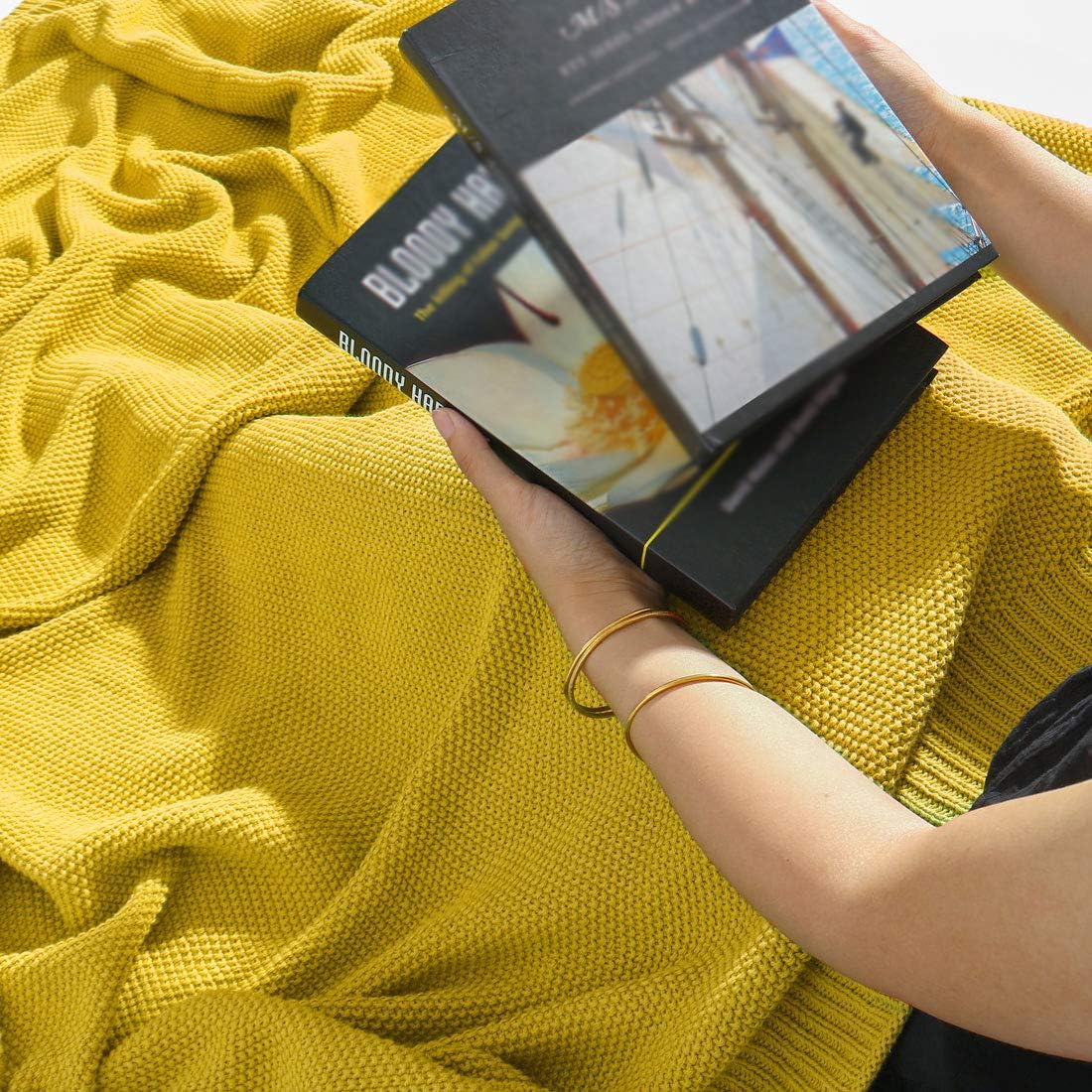 100% Cotton Knit Throw Blanket, Yellow 50x60