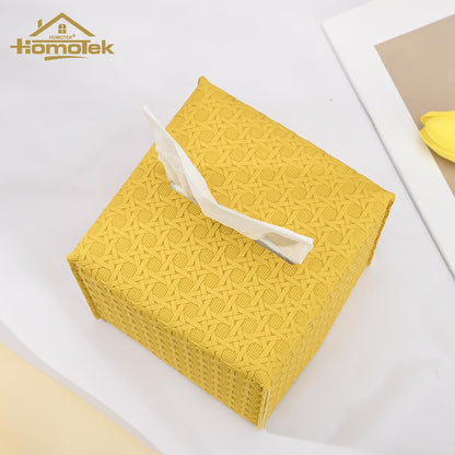 2 Pack Tissue Box Cover, Square PU Leather Tissue Holder, Decorative Facial Tissue Cube Paper Organizer Dispenser for Bathroom, Night Stands, Desk, Car 5X5X5'' - Rattan Weave,Mango Yellow