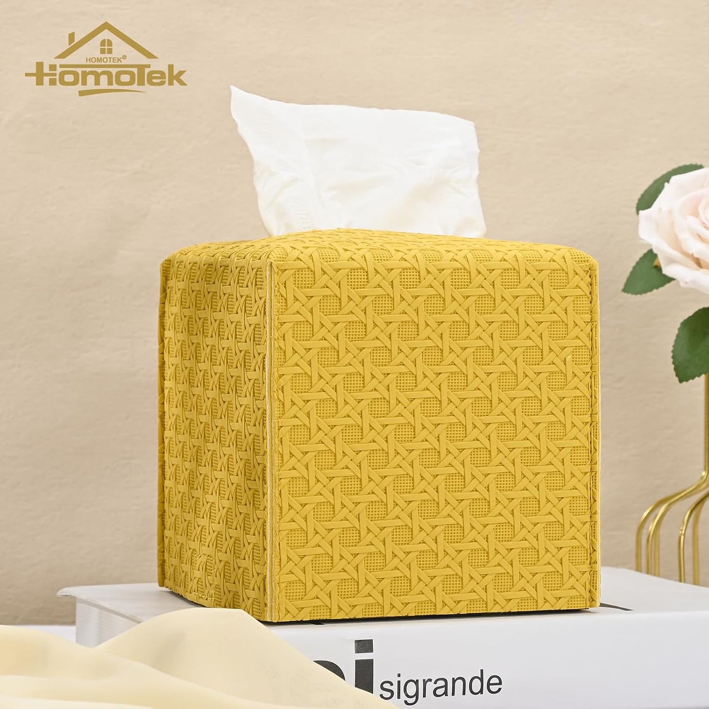 2 Pack Tissue Box Cover, Square PU Leather Tissue Holder, Decorative Facial Tissue Cube Paper Organizer Dispenser for Bathroom, Night Stands, Desk, Car 5X5X5'' - Rattan Weave,Mango Yellow