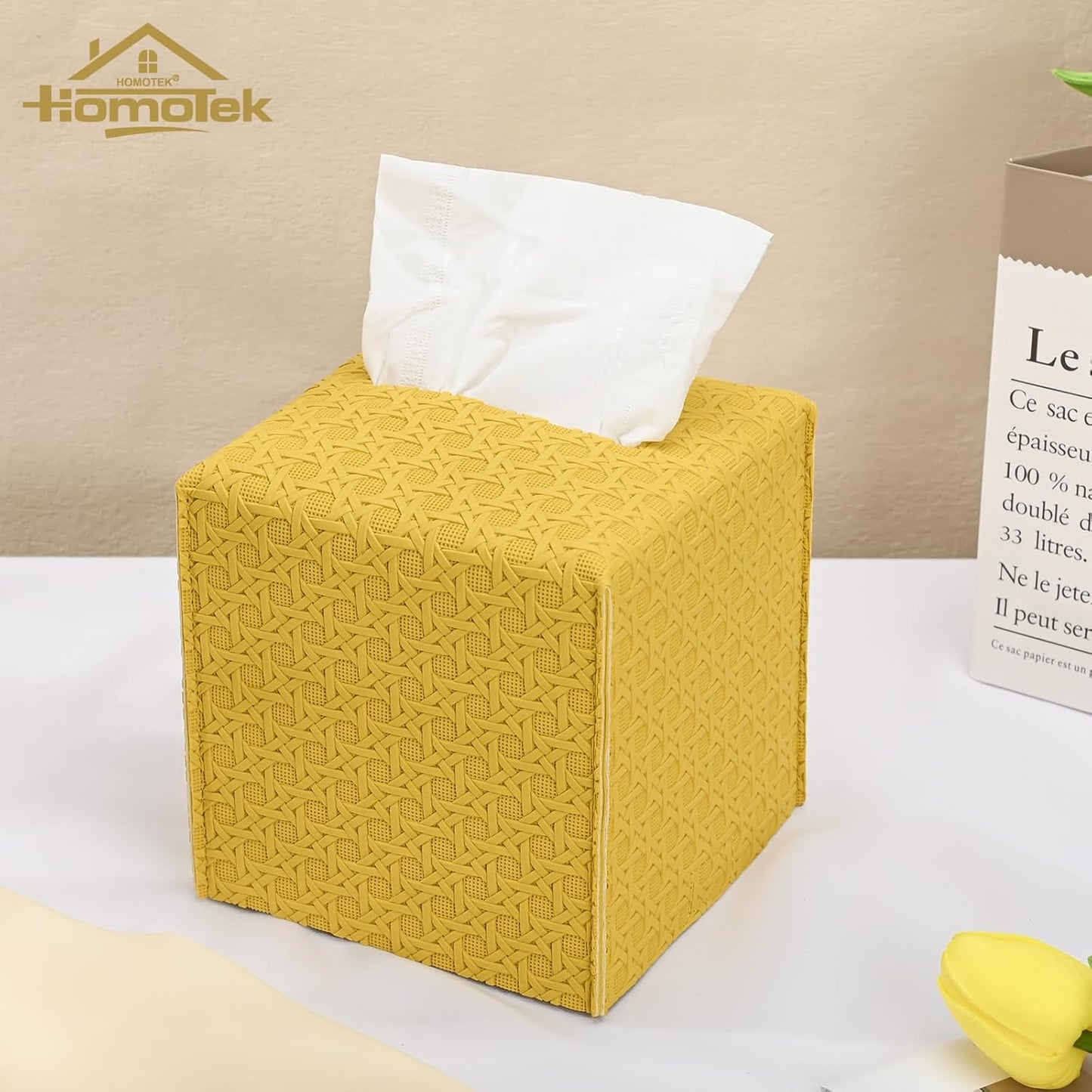 2 Pack Tissue Box Cover, Square PU Leather Tissue Holder, Decorative Facial Tissue Cube Paper Organizer Dispenser for Bathroom, Night Stands, Desk, Car 5X5X5'' - Rattan Weave,Mango Yellow