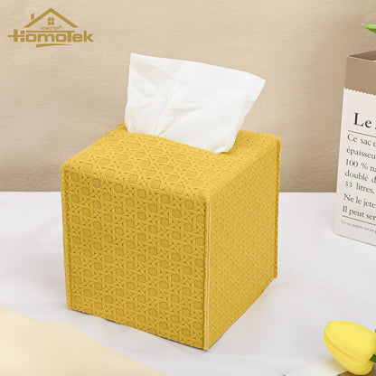 2 Pack Tissue Box Cover, Square PU Leather Tissue Holder, Decorative Facial Tissue Cube Paper Organizer Dispenser for Bathroom, Night Stands, Desk, Car 5X5X5'' - Rattan Weave,Mango Yellow