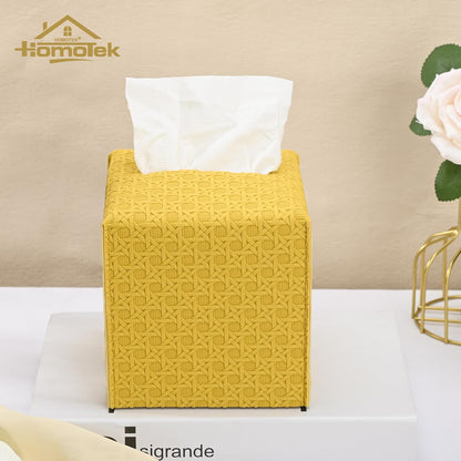 2 Pack Tissue Box Cover, Square PU Leather Tissue Holder, Decorative Facial Tissue Cube Paper Organizer Dispenser for Bathroom, Night Stands, Desk, Car 5X5X5'' - Rattan Weave,Mango Yellow