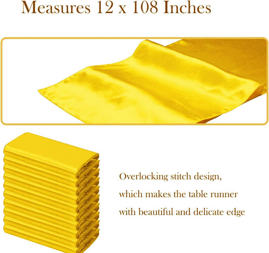 10 Pack Wedding Satin Yellow Table Runners 12 X 108 Inches Table Runner for Party Birthday Banquet Bridal Shower Baby Shower Engagement Tables Decorations - Yellow