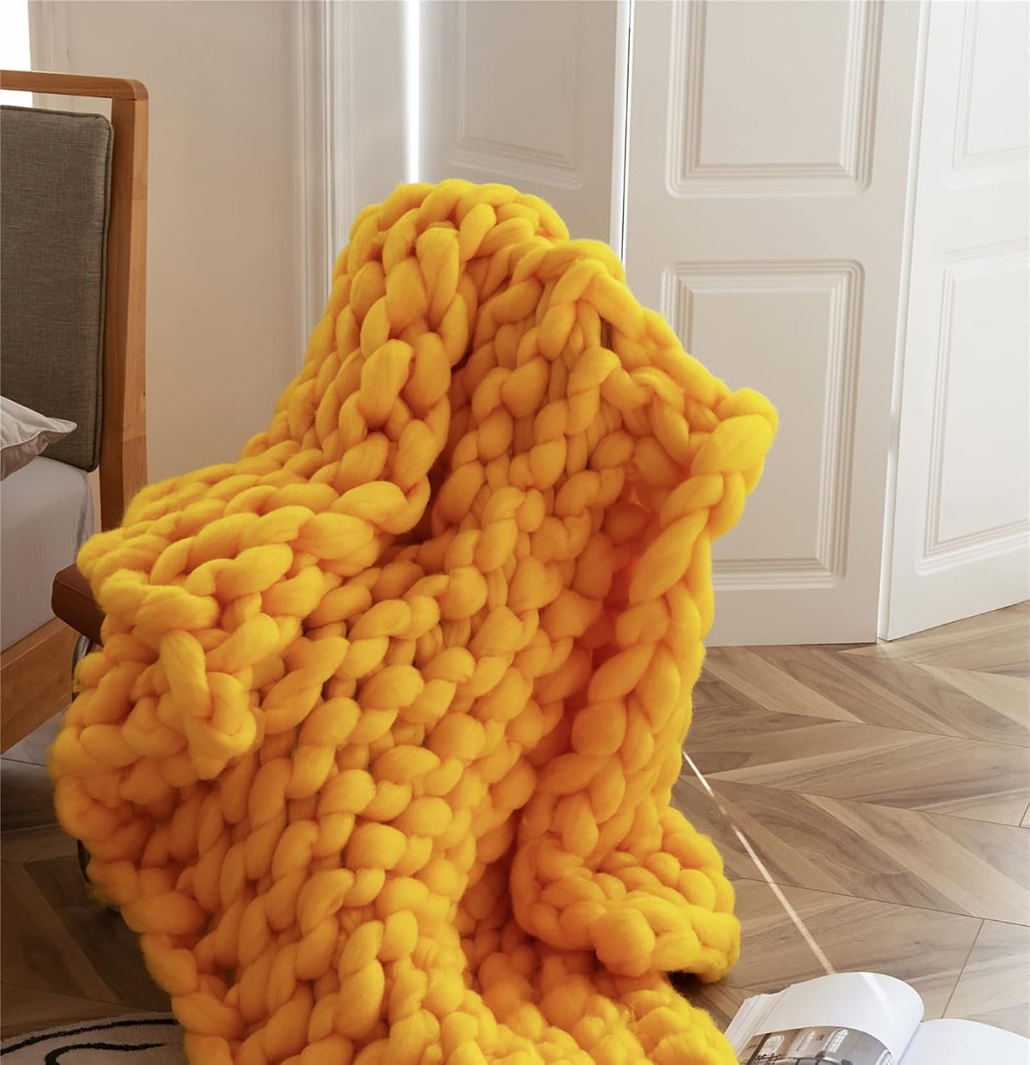 Chunky Knit Blanket Throw Knitted Blanket Handmade Giant Thick Soft Cozy Warm Throw Throw Bed Blanket for Couch Sofa Home Decor Gift,Yellow,6060cm