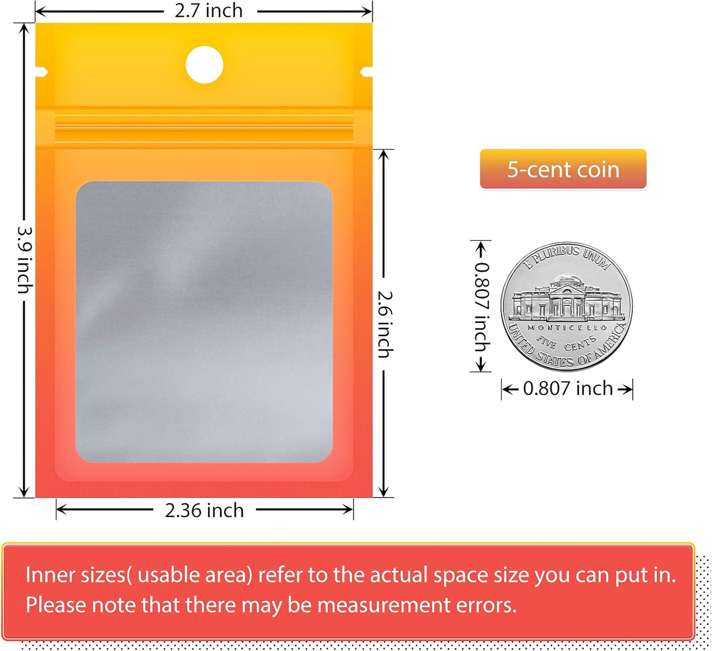100 Pack Mylar Resealable Bags, Yellow Orange Clear Packing Bags | for Food Storage, Small Business, Foil Pouch Smell Zipper Proof Bag for Sample Jewelry Eyelash Gloss, 2.7x3.9in