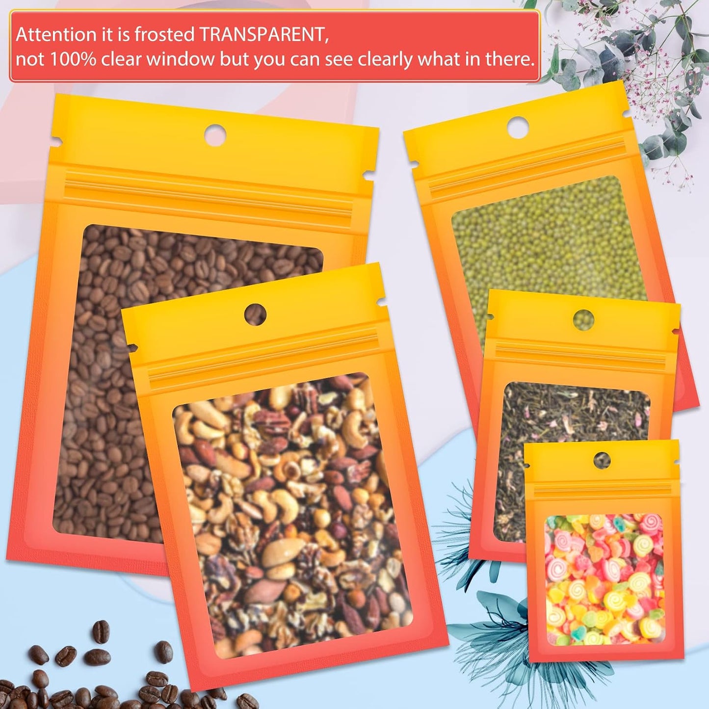 100 Pack Mylar Resealable Bags, Yellow Orange Clear Packing Bags | for Food Storage, Small Business, Foil Pouch Smell Zipper Proof Bag for Sample Jewelry Eyelash Gloss, 2.7x3.9in
