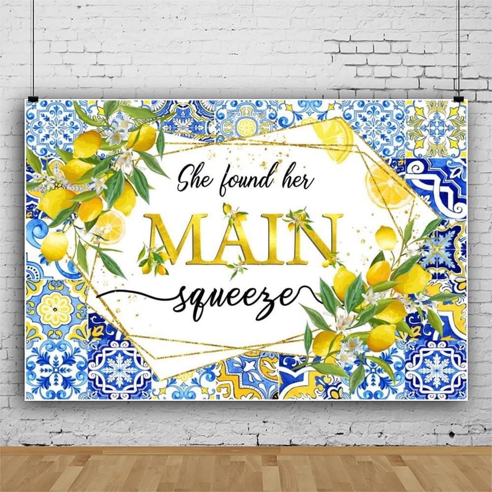 Lemon Bridal Shower Backdrop She Found Her Main Squeeze Backdrop Blue Tile Floral Bride to Be Miss to Mrs Engagement Party Decorations Banner Photography Background Studio Props 5x3ft