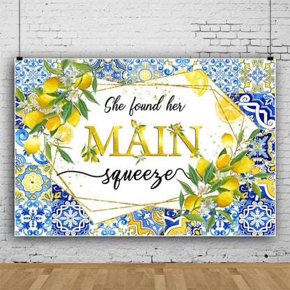 Lemon Bridal Shower Backdrop She Found Her Main Squeeze Backdrop Blue Tile Floral Bride to Be Miss to Mrs Engagement Party Decorations Banner Photography Background Studio Props 5x3ft