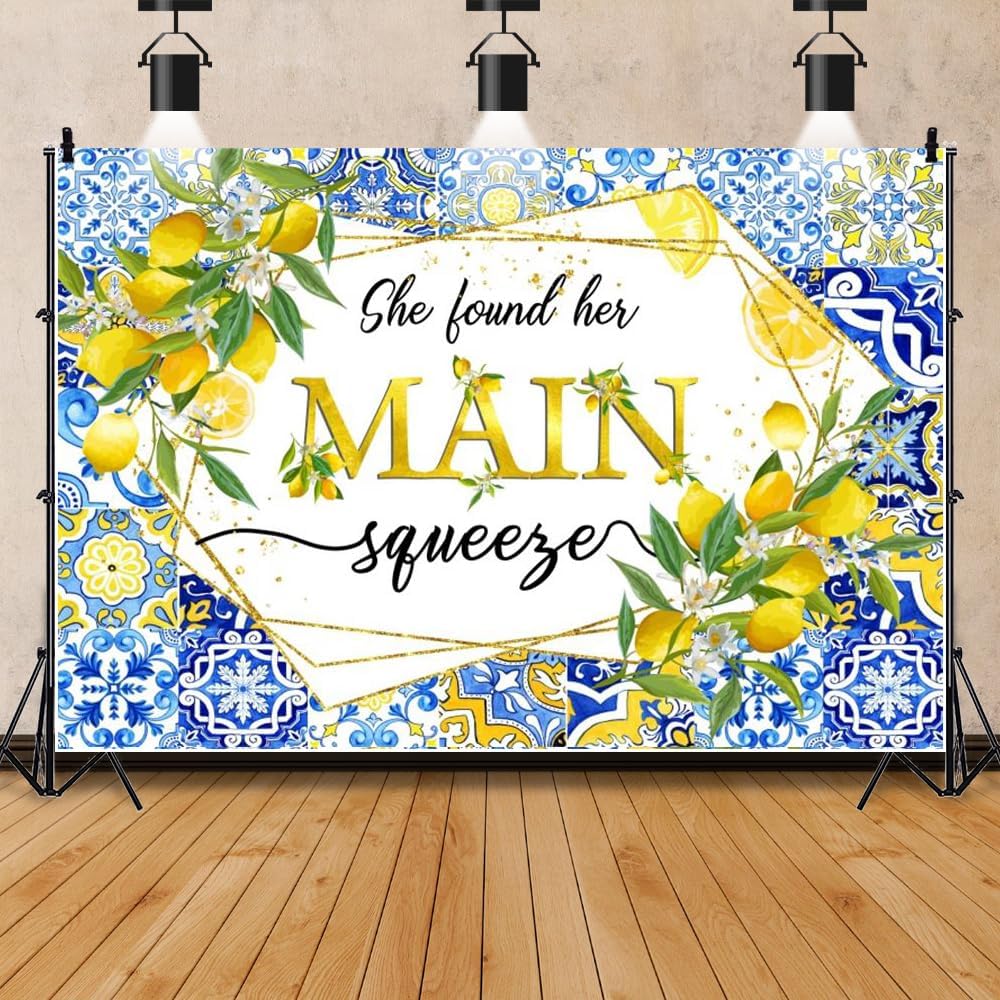 Lemon Bridal Shower Backdrop She Found Her Main Squeeze Backdrop Blue Tile Floral Bride to Be Miss to Mrs Engagement Party Decorations Banner Photography Background Studio Props 5x3ft