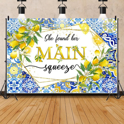 Lemon Bridal Shower Backdrop She Found Her Main Squeeze Backdrop Blue Tile Floral Bride to Be Miss to Mrs Engagement Party Decorations Banner Photography Background Studio Props 5x3ft
