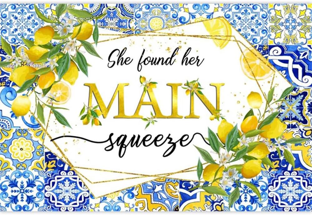 Lemon Bridal Shower Backdrop She Found Her Main Squeeze Backdrop Blue Tile Floral Bride to Be Miss to Mrs Engagement Party Decorations Banner Photography Background Studio Props 5x3ft