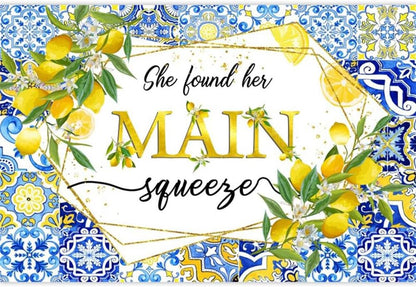 Lemon Bridal Shower Backdrop She Found Her Main Squeeze Backdrop Blue Tile Floral Bride to Be Miss to Mrs Engagement Party Decorations Banner Photography Background Studio Props 5x3ft