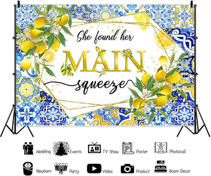 Lemon Bridal Shower Backdrop She Found Her Main Squeeze Backdrop Blue Tile Floral Bride to Be Miss to Mrs Engagement Party Decorations Banner Photography Background Studio Props 5x3ft