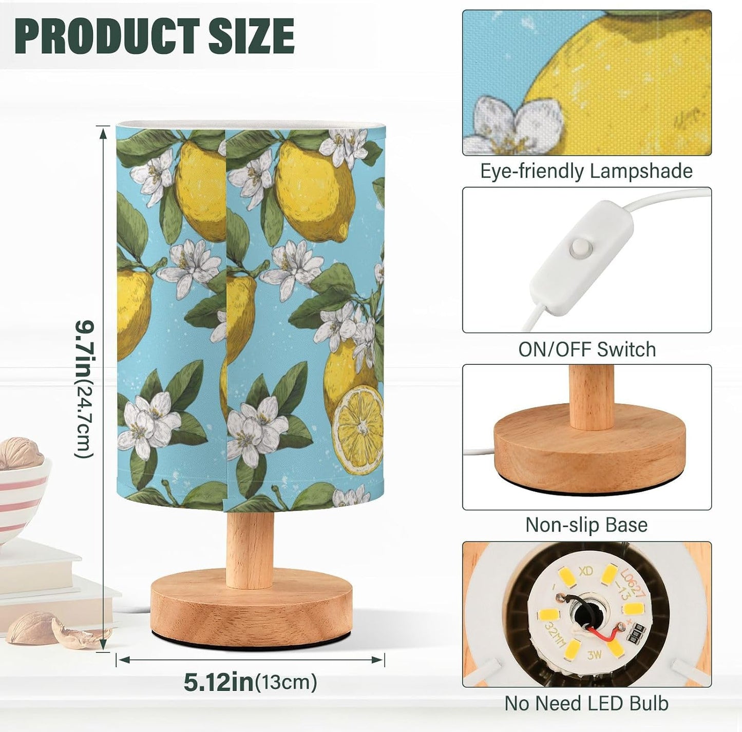 Bedside Table Lamp Lemon Yellow Citrus Fruits (44) Kids Nightstand Lamp Night Light Fabric Shade for Bedroom Living Room Home Office