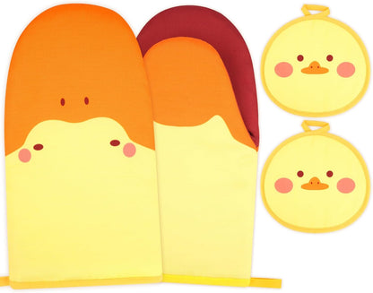 Oven Mitts, Cute Kitchen Oven Mitts and Pot Holders Sets, Heat Resistant Funny Duck Glove Potholder and Hot Pads Soft Lining, Cute Yellow Kitchen Baking Grilling Cooking Housewarming