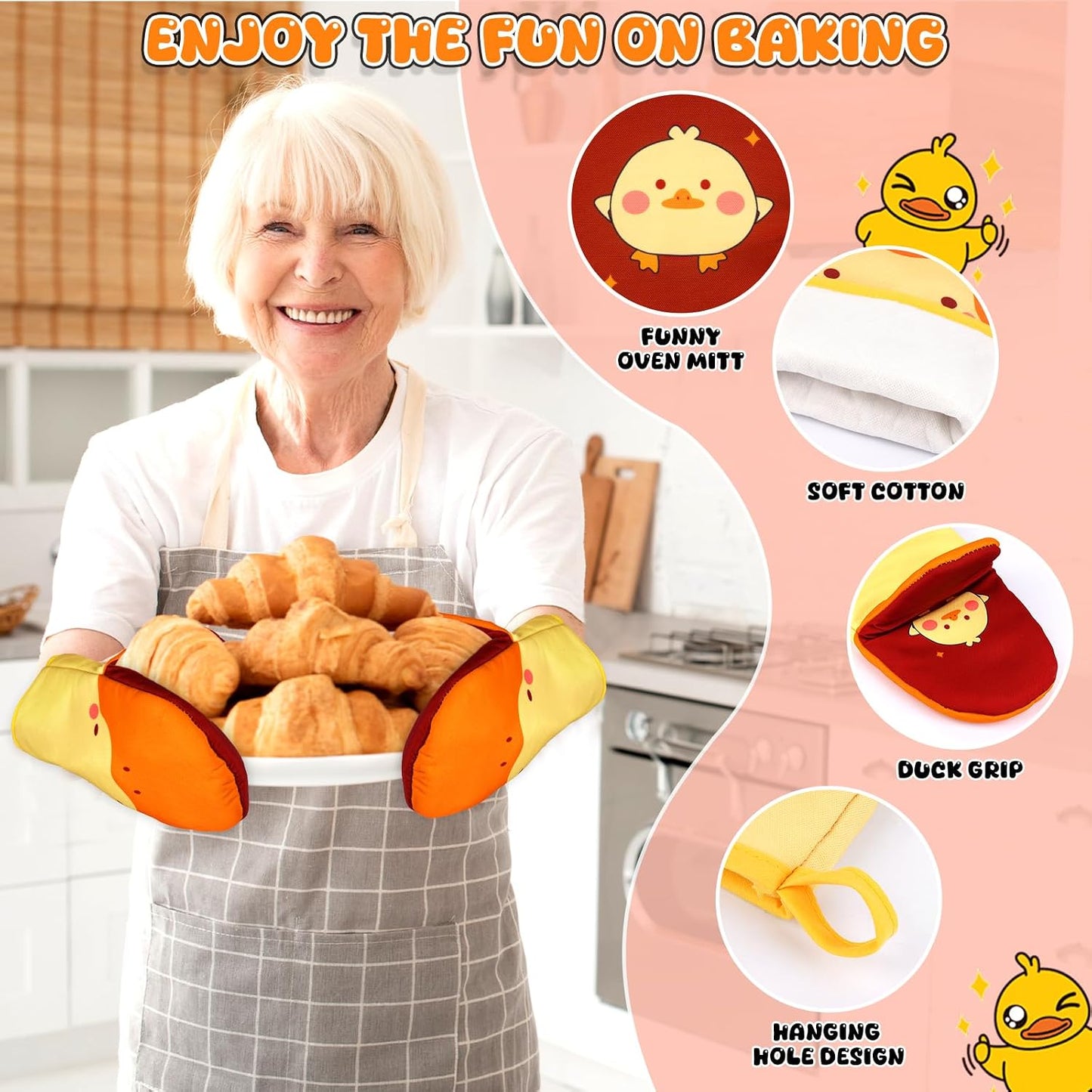 Oven Mitts, Cute Kitchen Oven Mitts and Pot Holders Sets, Heat Resistant Funny Duck Glove Potholder and Hot Pads Soft Lining, Cute Yellow Kitchen Baking Grilling Cooking Housewarming