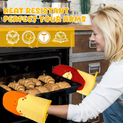 Oven Mitts, Cute Kitchen Oven Mitts and Pot Holders Sets, Heat Resistant Funny Duck Glove Potholder and Hot Pads Soft Lining, Cute Yellow Kitchen Baking Grilling Cooking Housewarming