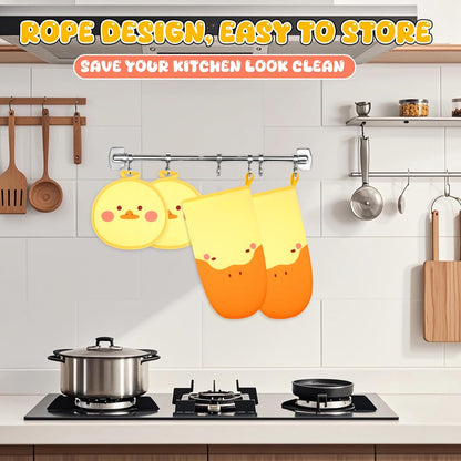 Oven Mitts, Cute Kitchen Oven Mitts and Pot Holders Sets, Heat Resistant Funny Duck Glove Potholder and Hot Pads Soft Lining, Cute Yellow Kitchen Baking Grilling Cooking Housewarming