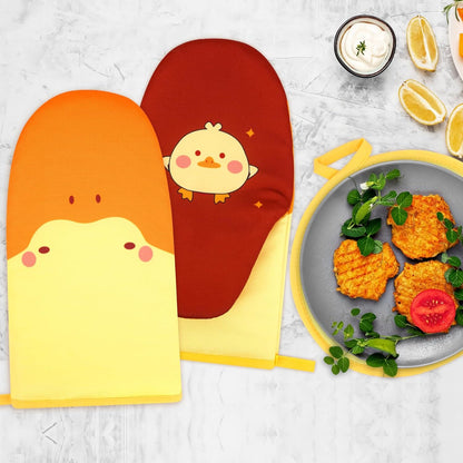 Oven Mitts, Cute Kitchen Oven Mitts and Pot Holders Sets, Heat Resistant Funny Duck Glove Potholder and Hot Pads Soft Lining, Cute Yellow Kitchen Baking Grilling Cooking Housewarming