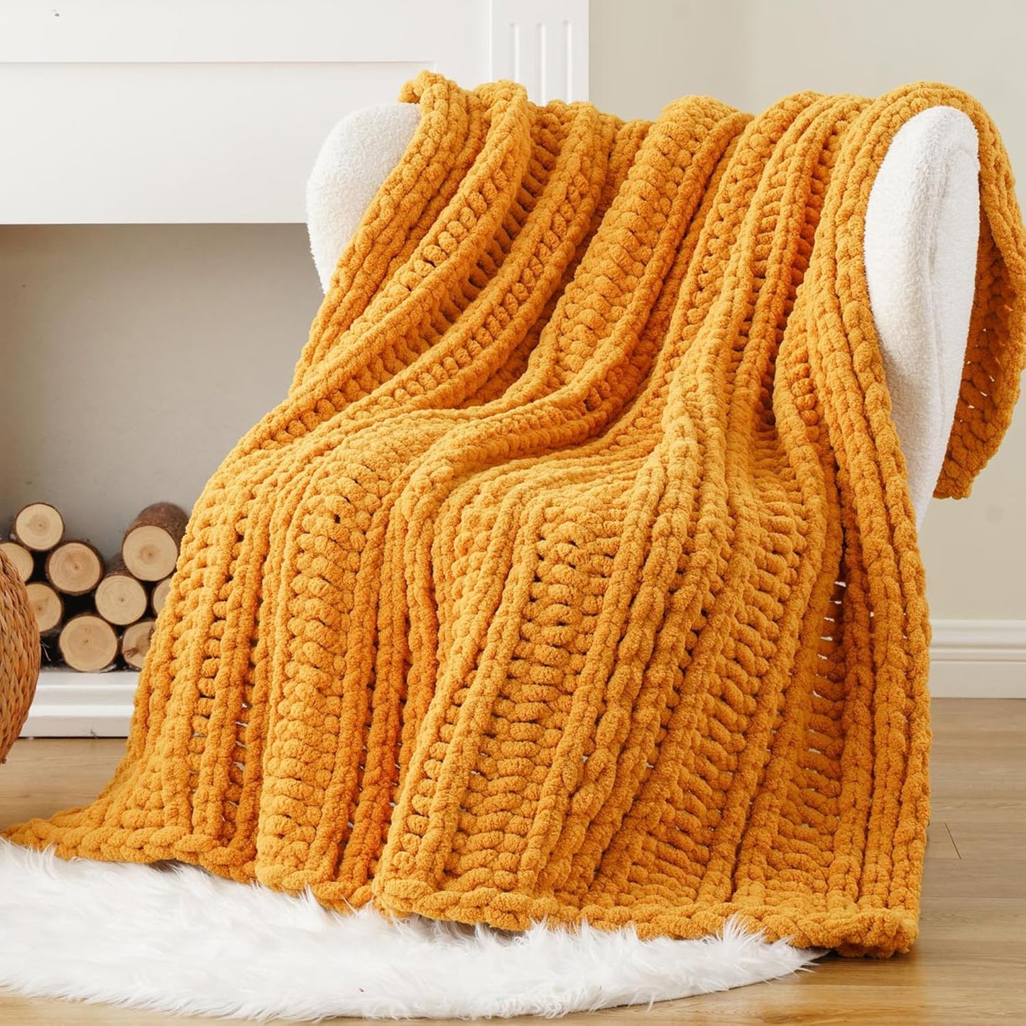 Battilo Chunky Knit Throw Blanket for Couch, Bed, 50"x60"，Mustard Yellow | Hand Knit with Chunky Yarn, Super Soft Chenille Throw Blanket, Fall Decorative BohoThrow Blanket for Living Room