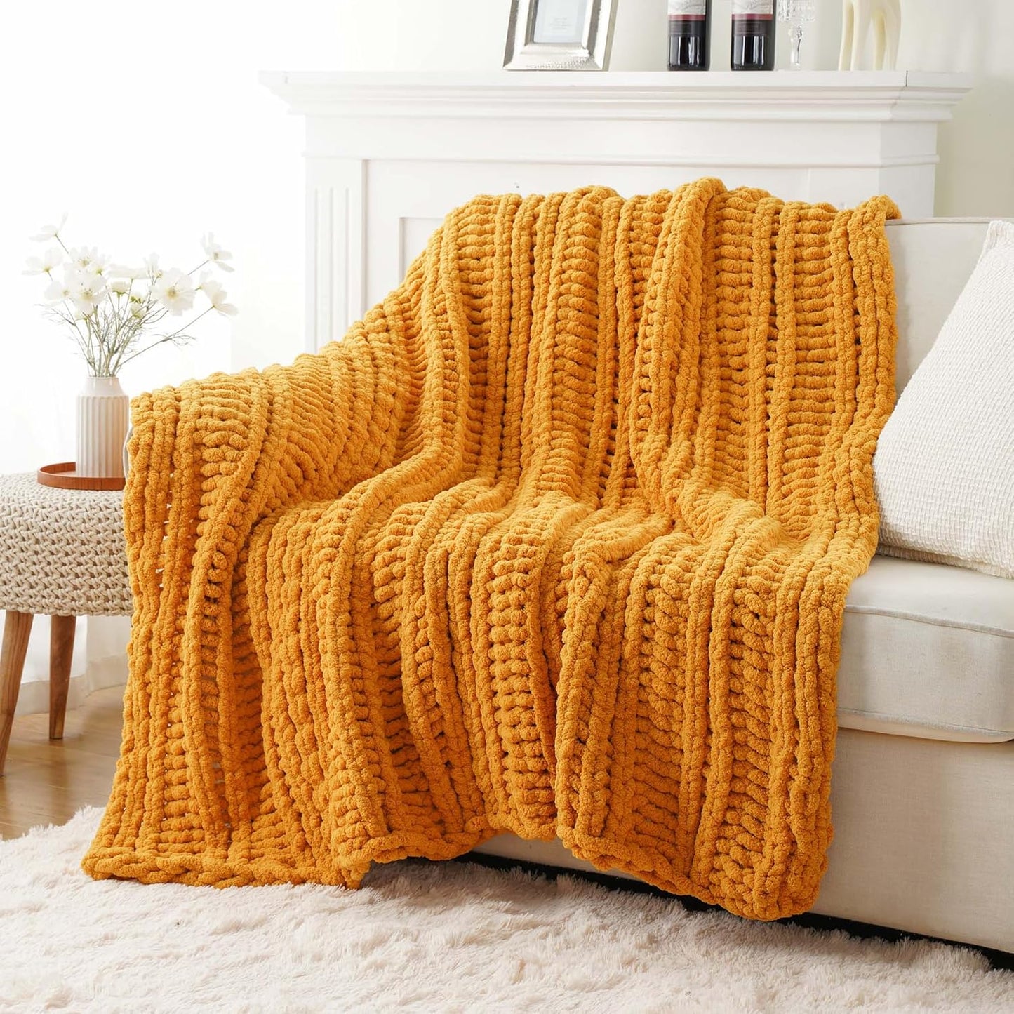 Battilo Chunky Knit Throw Blanket for Couch, Bed, 50"x60"，Mustard Yellow | Hand Knit with Chunky Yarn, Super Soft Chenille Throw Blanket, Fall Decorative BohoThrow Blanket for Living Room