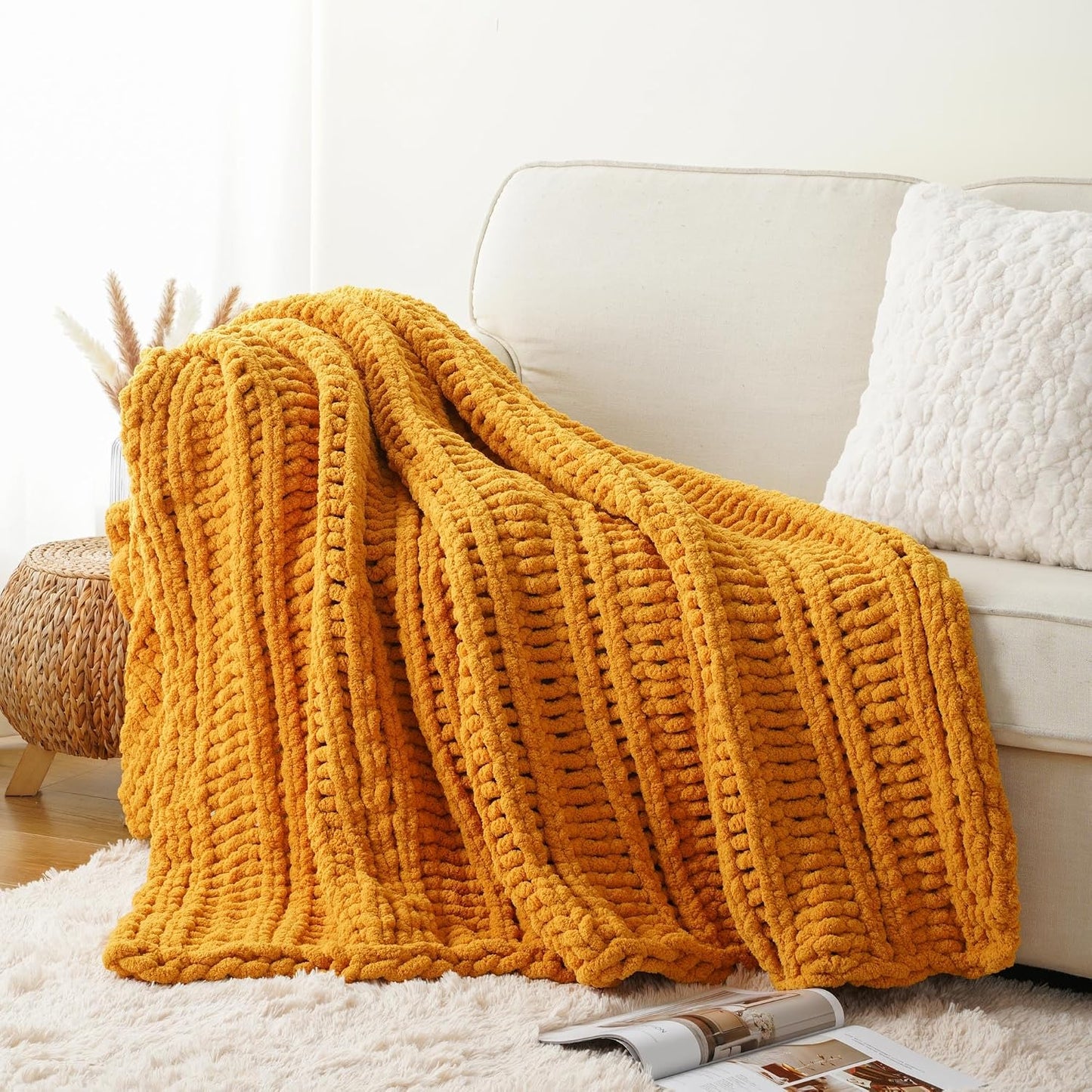 Battilo Chunky Knit Throw Blanket for Couch, Bed, 50"x60"，Mustard Yellow | Hand Knit with Chunky Yarn, Super Soft Chenille Throw Blanket, Fall Decorative BohoThrow Blanket for Living Room