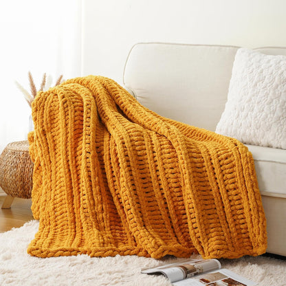 Battilo Chunky Knit Throw Blanket for Couch, Bed, 50"x60"，Mustard Yellow | Hand Knit with Chunky Yarn, Super Soft Chenille Throw Blanket, Fall Decorative BohoThrow Blanket for Living Room