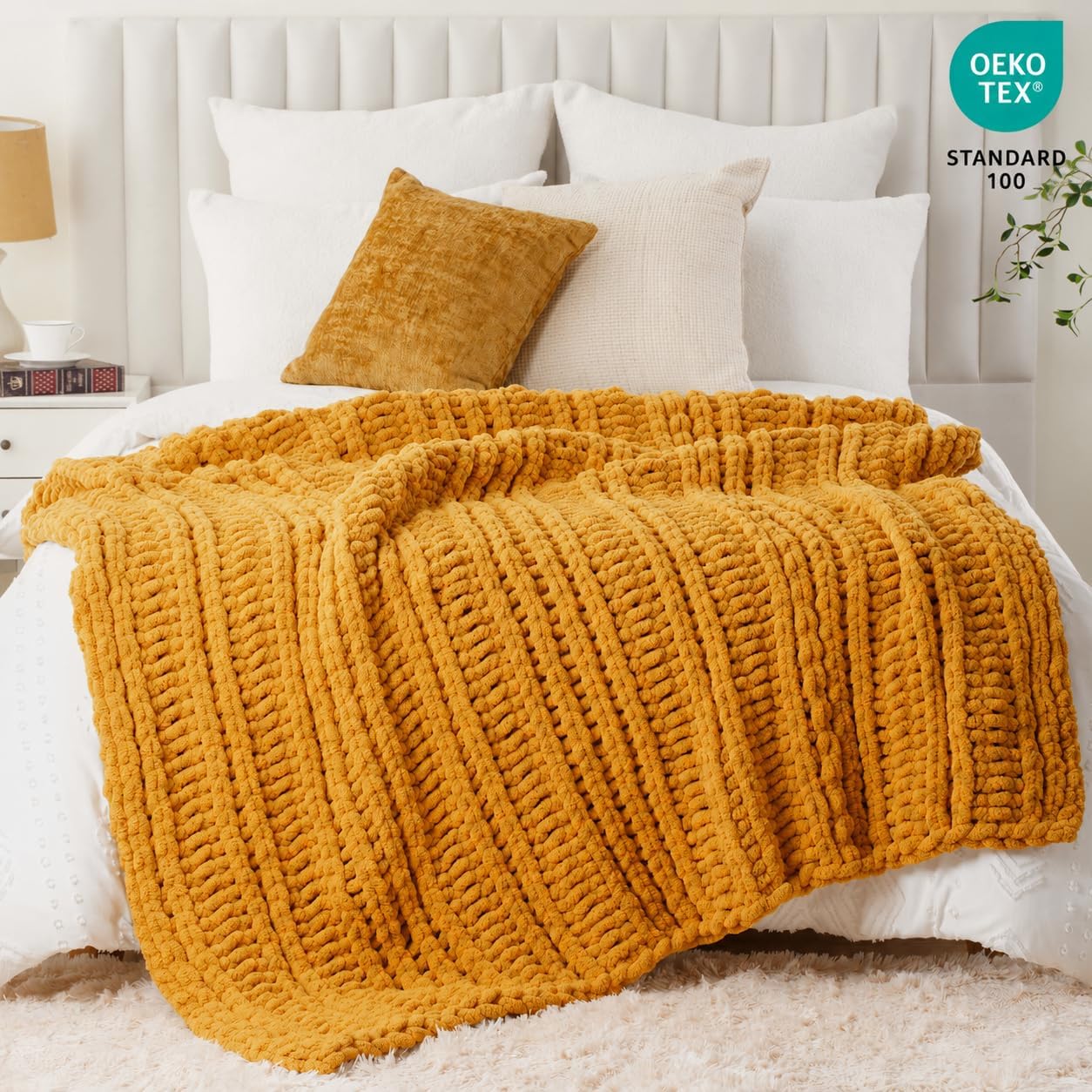 Battilo Chunky Knit Throw Blanket for Couch, Bed, 50"x60"，Mustard Yellow | Hand Knit with Chunky Yarn, Super Soft Chenille Throw Blanket, Fall Decorative BohoThrow Blanket for Living Room