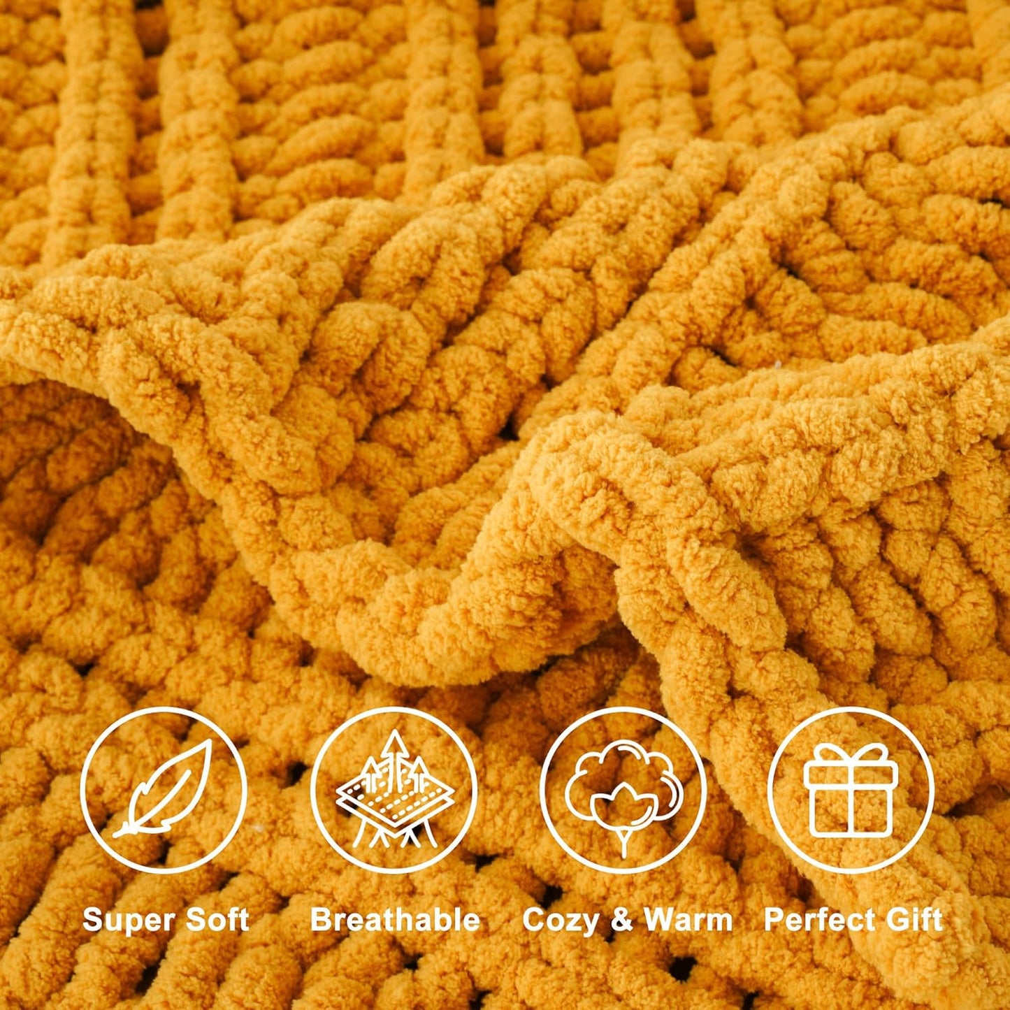 Battilo Chunky Knit Throw Blanket for Couch, Bed, 50"x60"，Mustard Yellow | Hand Knit with Chunky Yarn, Super Soft Chenille Throw Blanket, Fall Decorative BohoThrow Blanket for Living Room