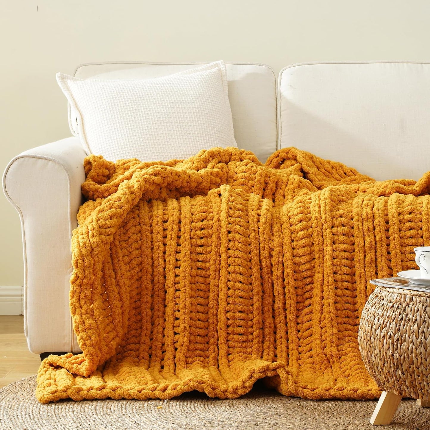 Battilo Chunky Knit Throw Blanket for Couch, Bed, 50"x60"，Mustard Yellow | Hand Knit with Chunky Yarn, Super Soft Chenille Throw Blanket, Fall Decorative BohoThrow Blanket for Living Room