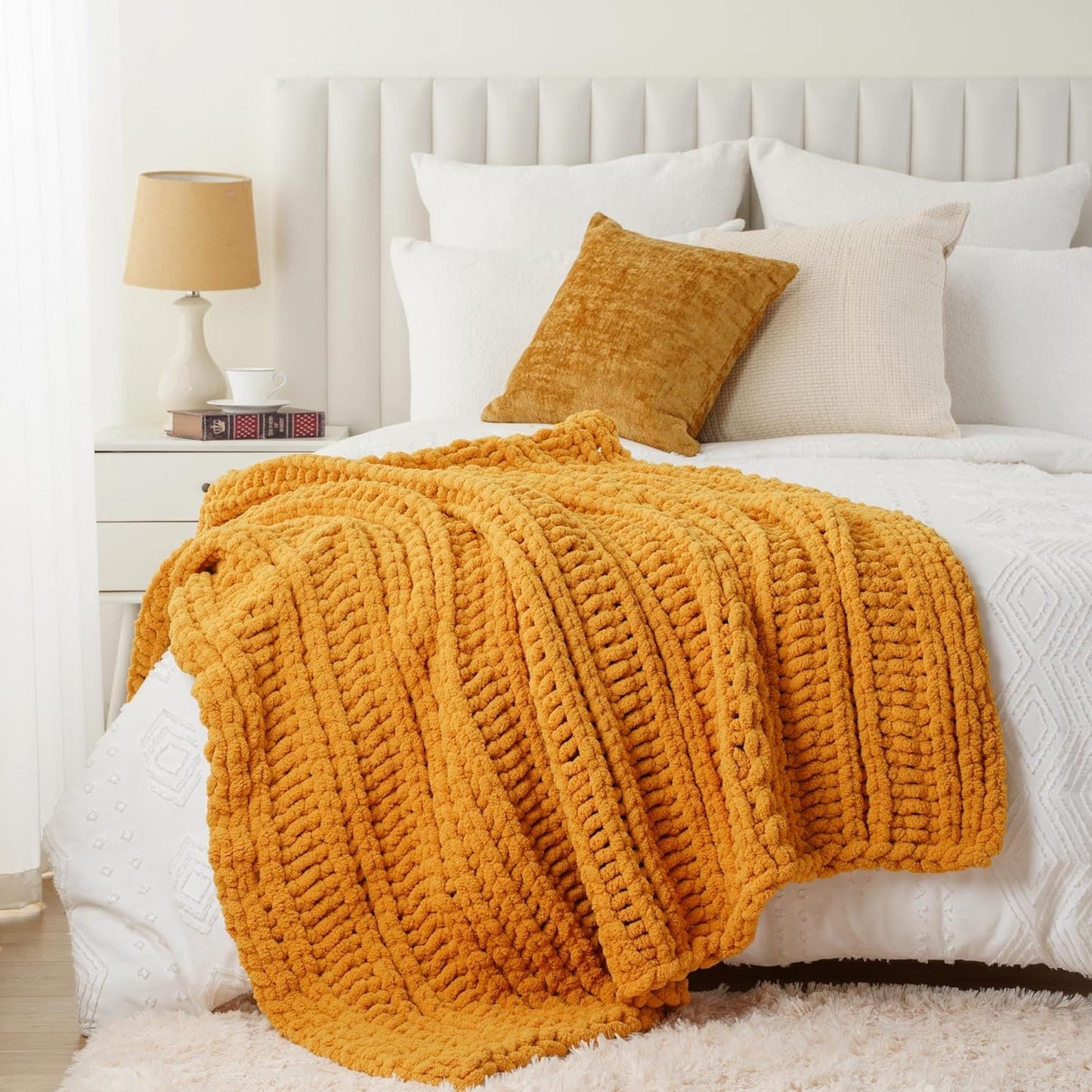 Battilo Chunky Knit Throw Blanket for Couch, Bed, 50"x60"，Mustard Yellow | Hand Knit with Chunky Yarn, Super Soft Chenille Throw Blanket, Fall Decorative BohoThrow Blanket for Living Room