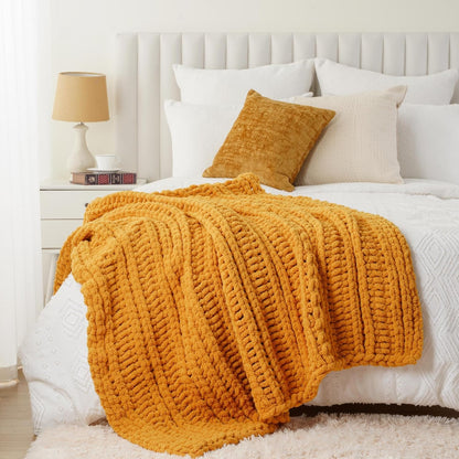 Battilo Chunky Knit Throw Blanket for Couch, Bed, 50"x60"，Mustard Yellow | Hand Knit with Chunky Yarn, Super Soft Chenille Throw Blanket, Fall Decorative BohoThrow Blanket for Living Room