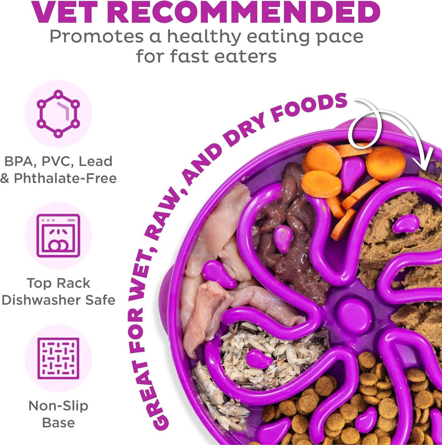 Fun Feeder Slo Bowl – Large 4‑Cup Capacity, Slow Feeding, Medium to Large Dogs, Non‑Slip, Purple, Flower Pattern