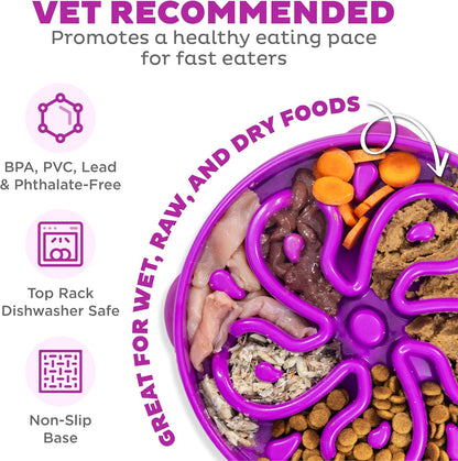 Fun Feeder Slo Bowl – Large 4‑Cup Capacity, Slow Feeding, Medium to Large Dogs, Non‑Slip, Purple, Flower Pattern