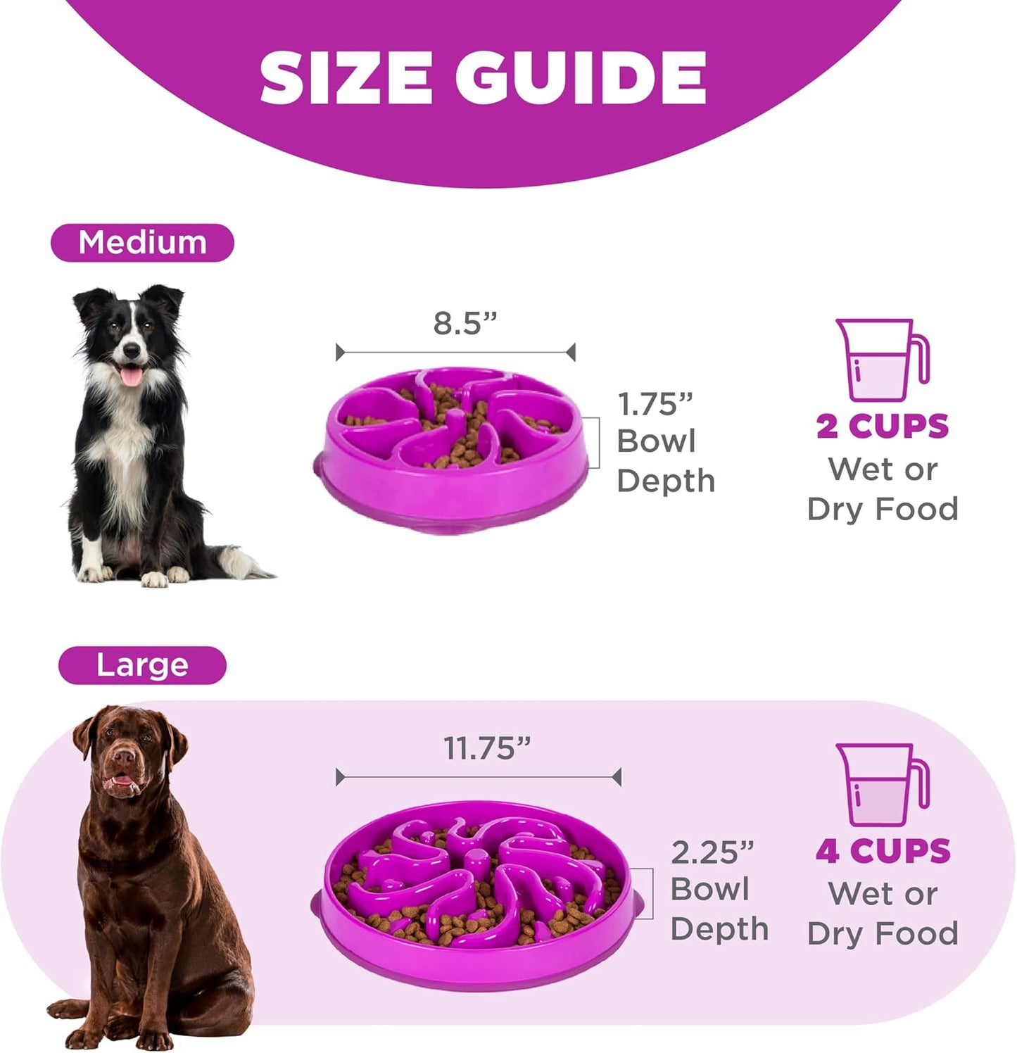Fun Feeder Slo Bowl – Large 4‑Cup Capacity, Slow Feeding, Medium to Large Dogs, Non‑Slip, Purple, Flower Pattern