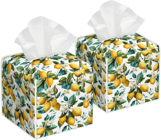 Lemon Flowers Watercolor Tissue Box Cover, Set of 2 Square Leather Tissue Holder Organizer Portable Decorative Facial Paper Case for Home Office Bathroom Vanity Countertop