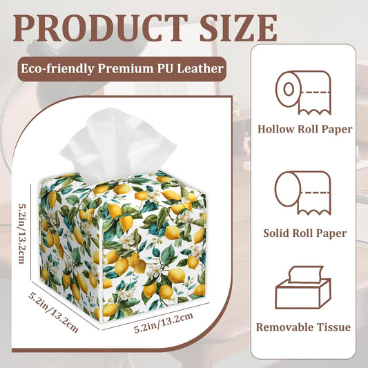 Lemon Flowers Watercolor Tissue Box Cover, Set of 2 Square Leather Tissue Holder Organizer Portable Decorative Facial Paper Case for Home Office Bathroom Vanity Countertop