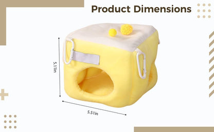 Hamster Cave Bed with Tunnel, Hangable, Crystal Supreme Comfort Polyester Warm Hideout, Breathable Yellow White Plush Habitat for Guinea Pig, Chinchilla, Ferret, Gerbil