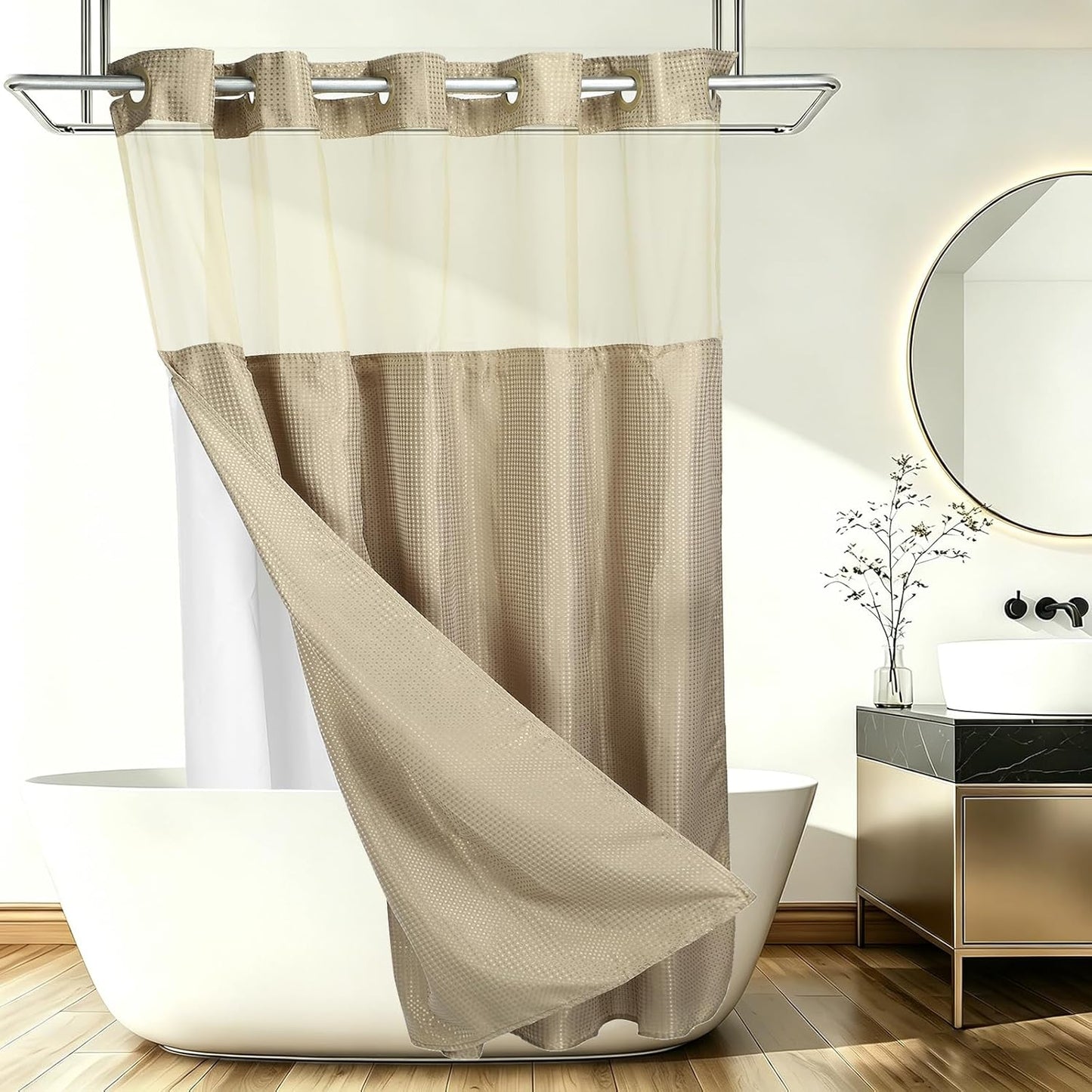 No Hook Shower Curtain, 71Wx78L Polyester Snap-in Removable Liner Set, Waterproof Washable Waffle Weave Textured Shower Curtains for Home Bathroom Hotel, Yellow