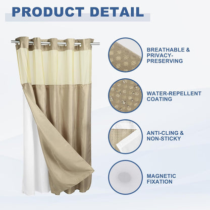 No Hook Shower Curtain, 71Wx78L Polyester Snap-in Removable Liner Set, Waterproof Washable Waffle Weave Textured Shower Curtains for Home Bathroom Hotel, Yellow