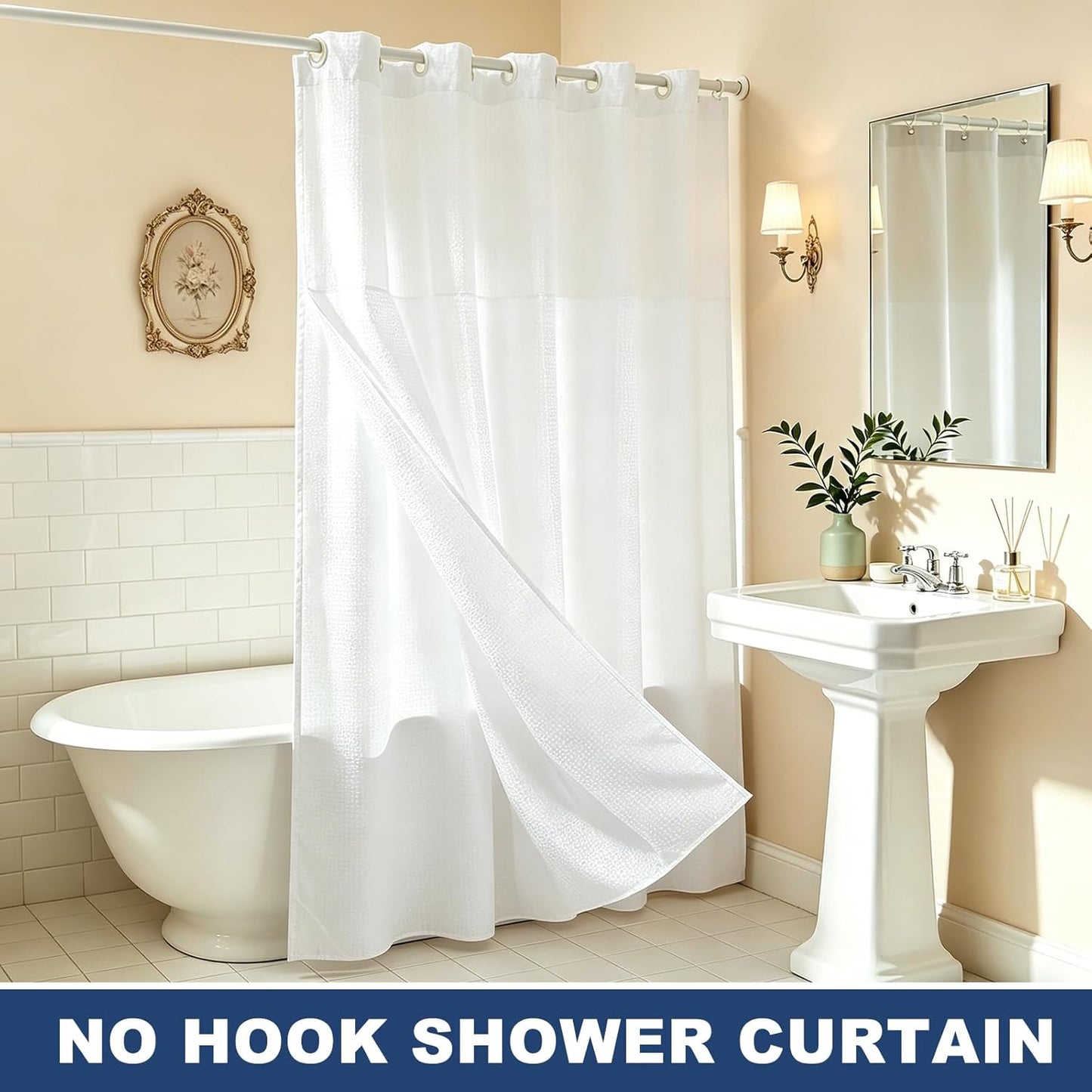 No Hook Shower Curtain, 71Wx78L Polyester Snap-in Removable Liner Set, Waterproof Washable Waffle Weave Textured Shower Curtains for Home Bathroom Hotel, Yellow