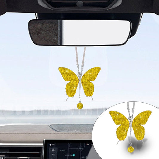 Bling Butterfly Diamond Car Hanging Accessories for Women, Yellow | Crystal Butterfly Rear View Mirror Luck Car Decoration Accessories, Valentine's Day Presents Ornament Pendant for All Cars