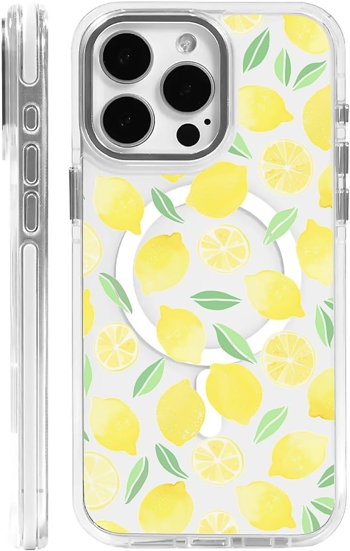 for iPhone 16 Case [Compatible with Magsafe],Girls Women Clear Magnetic Case Silicone Shockproof Protective Cover with Pattern Summer Lemons