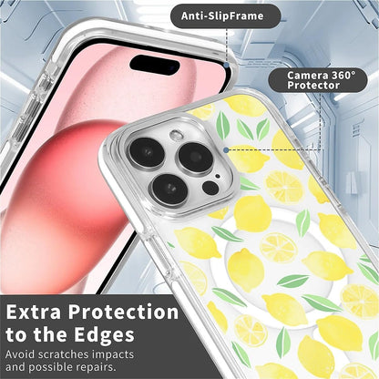 for iPhone 16 Case [Compatible with Magsafe],Girls Women Clear Magnetic Case Silicone Shockproof Protective Cover with Pattern Summer Lemons