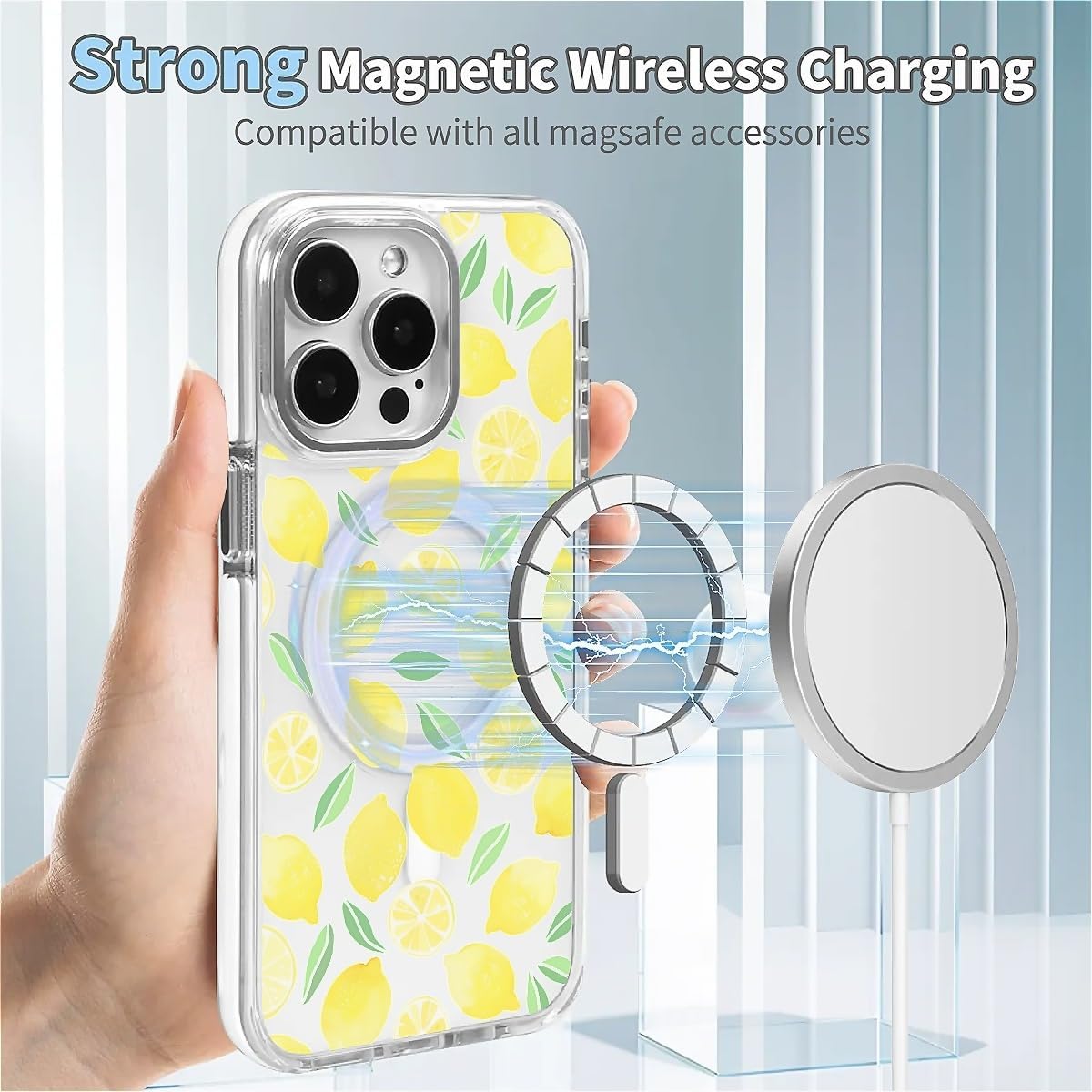 for iPhone 16 Case [Compatible with Magsafe],Girls Women Clear Magnetic Case Silicone Shockproof Protective Cover with Pattern Summer Lemons