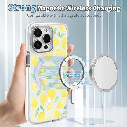 for iPhone 16 Case [Compatible with Magsafe],Girls Women Clear Magnetic Case Silicone Shockproof Protective Cover with Pattern Summer Lemons