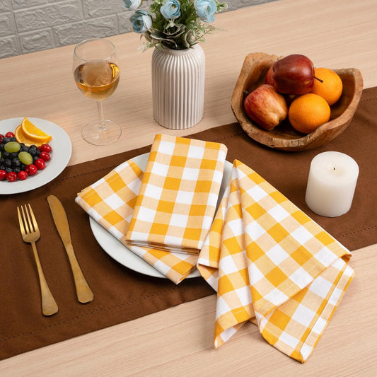 Gingham Buffalo Plaid Cloth Napkins 100% Cotton Set of 12 Dinner Table Napkins 18x18 inch Soft, Reusable, Washable Perfect for Spring Summer Easter & Everyday Use - Golden Yellow & White
