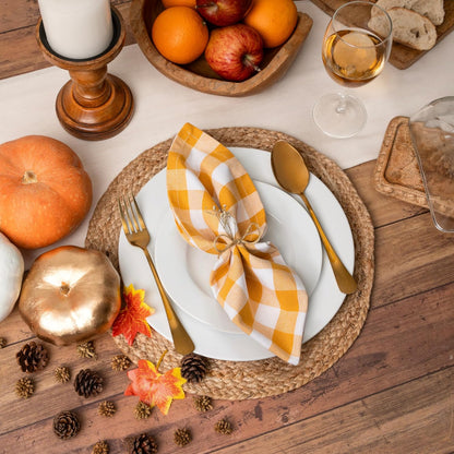 Gingham Buffalo Plaid Cloth Napkins 100% Cotton Set of 12 Dinner Table Napkins 18x18 inch Soft, Reusable, Washable Perfect for Spring Summer Easter & Everyday Use - Golden Yellow & White